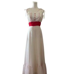 70s Vintage Chiffon White & Red Polka Dot Maxi Dress Womens XXS Cottagecore Bows